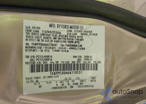 2006 Ford Taurus Se z USA, uszkodzony, nr VIN 1FAFP53U66A110531